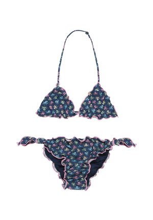 Bikini blu navy con rifiniture rosa, con motivo polpo multicolore, top con fascia al collo e slip con lacci sui lati e bordi arricciati.