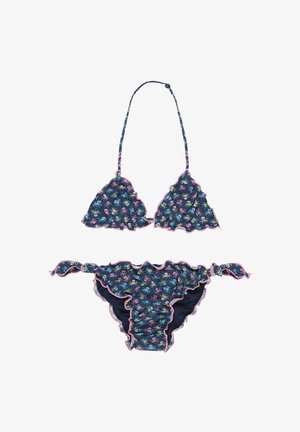 Granatowy bikini z różowym obszyciem, z wielokolorowym wzorem ośmiornicy, top na szyję i majtki z wiązaniem po bokach oraz falbanami na brzegach.