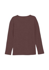 Langärmliges Oberteil in dunklem Mauve, aus geripptem Stoff gefertigt, mit einem runden Ausschnitt und seitlichen Schlitzen am Saum. Glatte Textur mit minimalen Nähten.
