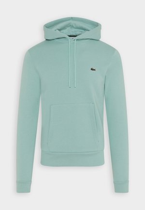 Lichtgroene hoodie met kangoeroezak aan de voorkant en een klein krokodil-logo op de borst, lange mouwen en een capuchon met trekkoord.