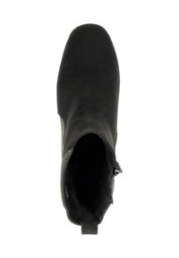 Bottine en suède noir avec un bout rond, fermeture éclair sur le côté, texture lisse et une languette à l'arrière. L'intérieur semble doublé.