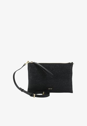 Black woven leather clutch with a zip closure, detachable strap, and embossed logo. Features a textured surface and gold-tone hardware.