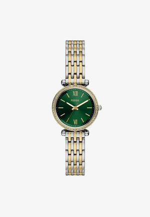 Orologio Fossil con quadrante verde, indicatori delle ore in tono oro e un cinturino con cristalli. Presenta un design di bracciale a maglie in metallo bicolore.