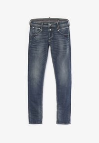 Jeans de denim azul ajustados con un acabado desgastado, diseño de cinco bolsillos, cierre de botón metálico y detalles de costura sutiles.