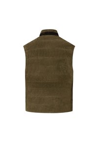 Olivově zelená semišová vesta s krátkým límcem, bez rukávů a horizontálními švy. Hladká textura s rovně střiženým designem.