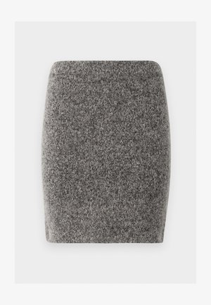 Grå, tettsittende miniskjørt laget av teksturert stoff. Glatte sømmer med ingen synlige lukkinger. Enkel, upryreket design.