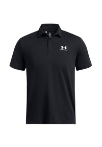 Polo nero realizzato in tessuto liscio, con colletto a tre bottoni e logo Under Armour bianco sul lato sinistro del petto. Maniche corte.