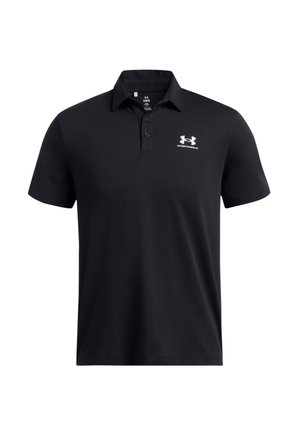 Black polo shirt made of smooth fabric, featuring a three-button placket and a white Under Armour logo on the left chest. Short sleeves.