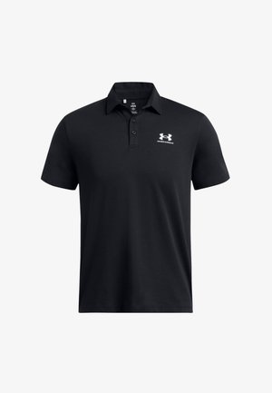Black polo shirt made of smooth fabric, featuring a three-button placket and a white Under Armour logo on the left chest. Short sleeves.