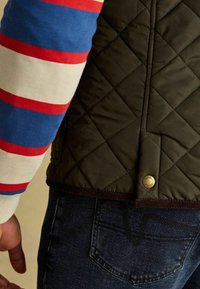 Gestepptes olivgrünes Weste mit hohem Kragen und goldenem Druckknopfverschluss, kombiniert mit einem blau-rot gestreiften Langarmhemd und dunklen Jeans.