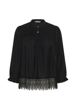 Črna bluza z dolgimi rokavi z visokim ovratnikom, nabrano zgornjo prsno prejo, dvema gumboma in čipkasto obrobo spodaj, z nežno napihnjenimi rokavi.