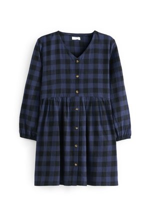 Marineblaue und schwarze karierte Kleid mit V-Ausschnitt, langen Ärmeln und goldenen Knopfdetails entlang der Vorderseite, mit geraffter Taille.