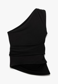 Top senza maniche nero realizzato in tessuto morbido, con scollatura asimmetrica e dettagli arricciati in vita per un look aderente.