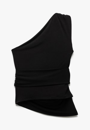 Schwarzes ärmelloses Oberteil aus glattem Stoff, mit asymmetrischem Ausschnitt und gerafften Details an der Taille für einen figurbetonten Look.