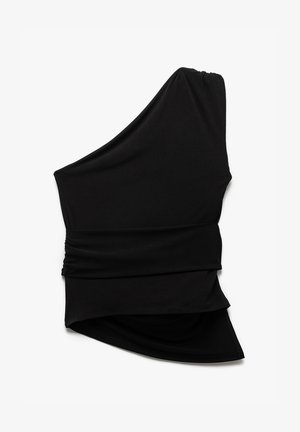 Top sin mangas negro, confeccionado en un tejido suave, con un escote asimétrico y detalles fruncidos en la cintura para un ajuste ceñido.