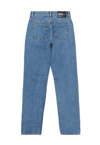 Light blue denim jeans with a straight leg design, featuring two back pockets and a black label on the waistband.