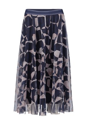 Marineblauwe rok met een doorschijnende overlay met een geometrisch patroon in lichtbeige. Uitlopende pasvorm met een elastische tailleband.
