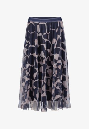 Gonna blu scuro con sovrapposizione traslucida che presenta un motivo geometrico in beige chiaro. Design svasato con vita elastica.