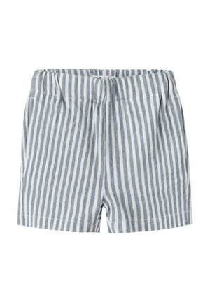 Blå og hvite vertikale stripete shorts med elastisk midje og sidelommer, laget av lett stoff.