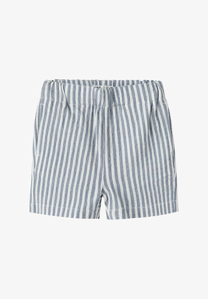 Blå og hvide shorts med lodrette striber, elastisk talje og sidelommer, lavet af let stof.