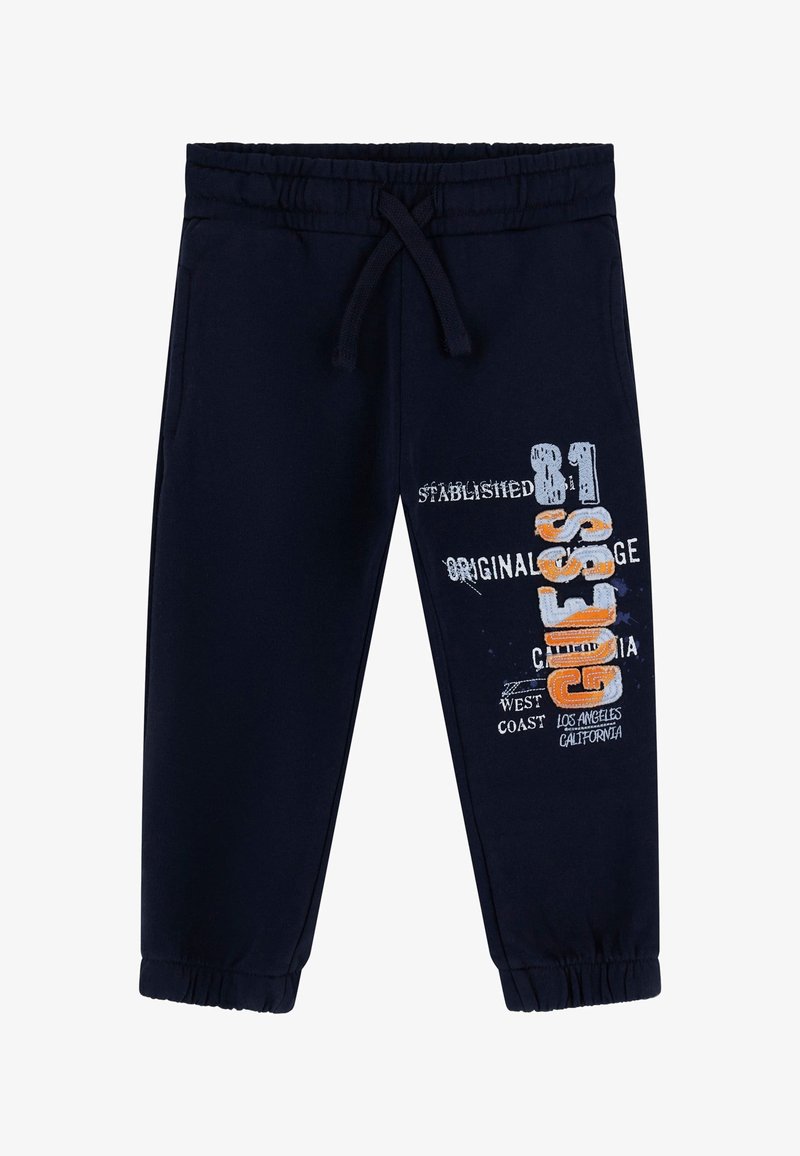 Navy blue sweatpants with an elastic waistband and drawstring, featuring white and orange graphic text design on the left leg.
