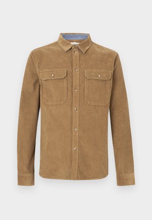 Camicia di velluto a coste marrone con collo a camicia, due tasche sul petto e chiusura con bottoni. Caratterizzata da tessuto strutturato e maniche lunghe con polsini.