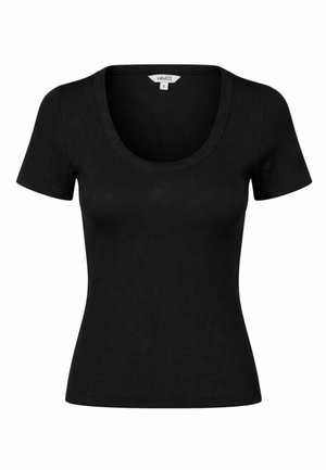 Sort tætsiddende top til damer med korte ærmer, rund halsudskæring, ribbet stofstruktur og mærkat med størrelse small inde i kraven.