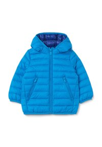 Blaue Pufferjacke mit Kapuze, ausgestattet mit einem gesteppten Design, einem Reißverschluss vorne und zwei seitlichen Taschen. Das Innenfutter hat ein kontrastierendes, dunkleres Blau.