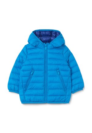 Blue puffer jacket with a hood, featuring a quilted design, zippered front, and two side pockets. Interior has a contrasting darker blue lining.