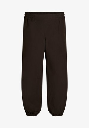 Zwart loszittende broek met elastische tailleband en elastische, geplooide manchetten bij de enkels, ontworpen voor casual gebruik.