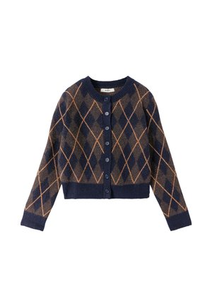 Cardigan bleu marine avec un motif argyle dans des nuances de marron et d'orange, doté d'un col rond et de six boutons à l'avant. Tricot texturé.