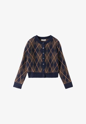 Cardigan bleu marine avec un motif argyle dans des nuances de marron et d'orange, doté d'un col rond et de six boutons à l'avant. Tricot texturé.