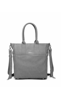 Šedá taška typu tote z umělé kůže s texturovaným povrchem, dvojitými horními uchy, odnímatelným ramenním popruhem a přední kapsou s logem.