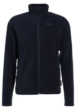 Navy blue fleece jacket with a high collar, full zipper, and side pockets. Smooth texture with subtle branding on the chest and side tag.