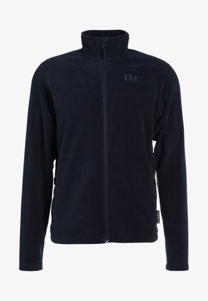 Navy blue fleece jacket with a high collar, full zipper, and side pockets. Smooth texture with subtle branding on the chest and side tag.