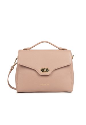 Sac à main en cuir beige avec anse supérieure, fermoir à torsion doré, bandoulière amovible et logo de marque doré discret à l'avant.