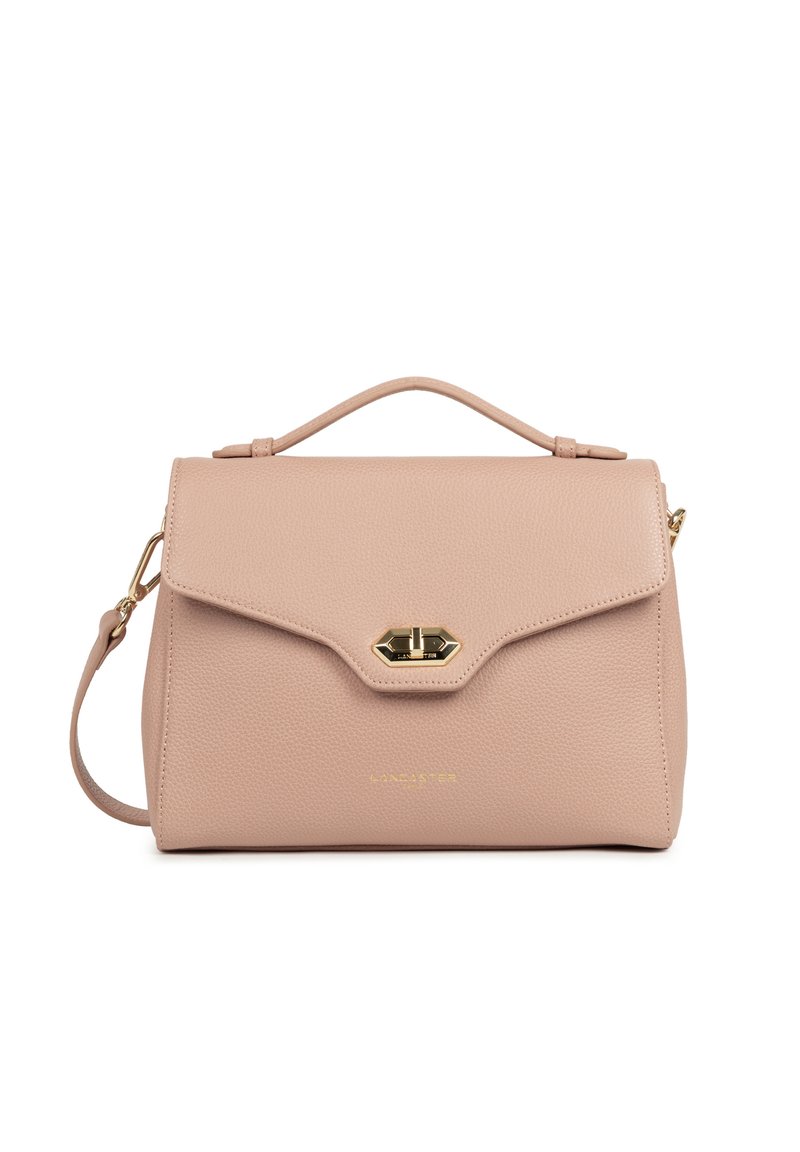 Borsa in pelle beige con manico superiore, chiusura a lucchetto dorato a torsione, tracolla staccabile e discreto logo dorato sul davanti.