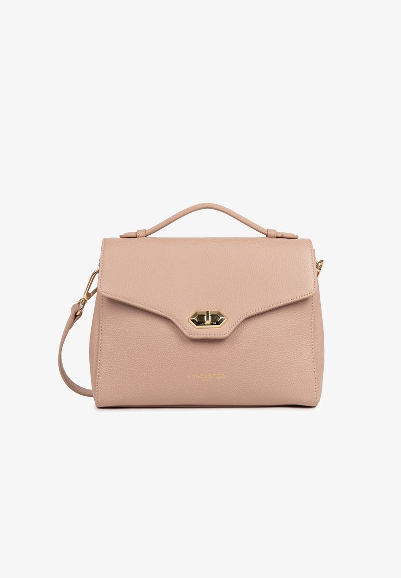 Sac à main en cuir beige avec anse supérieure, fermoir à torsion doré, bandoulière amovible et logo de marque doré discret à l'avant.