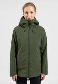 Olive green waterproof jacket with a hood, featuring a front zipper and adjustable drawstrings. Smooth, lightweight fabric with logo detail.