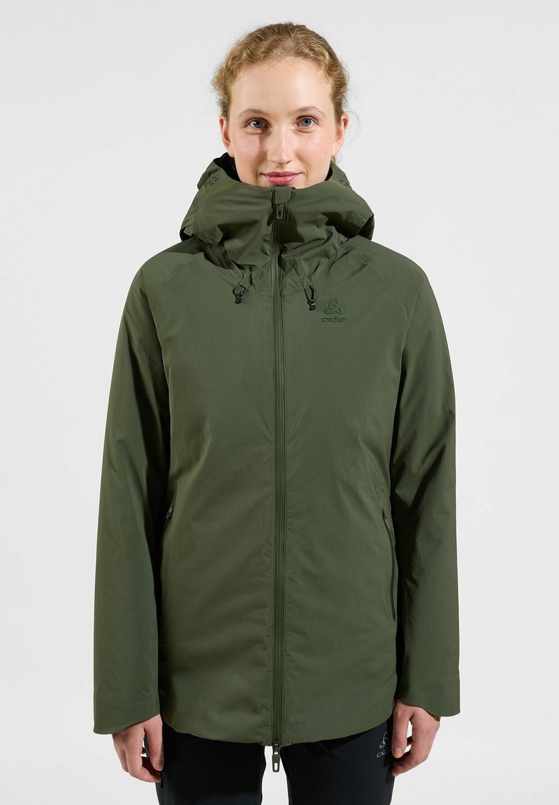 Olive green waterproof jacket with a hood, featuring a front zipper and adjustable drawstrings. Smooth, lightweight fabric with logo detail.