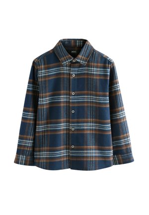 Hemd aus Flanell mit Knopfleiste, in einem blauen und braunen Karomuster, langen Ärmeln und einem spitzen Kragen mit weißen Knöpfen.
