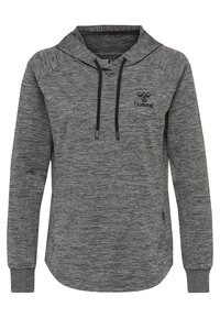Sudadera con capucha de manga larga en gris jaspeado, que cuenta con un capucho ajustable, logo en el pecho y un dobladillo ligeramente curvado. Textura suave.