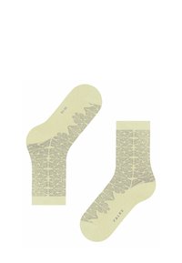 Jasnobeżowe skarpetki do kostki z subtelnym liściastym wzorem w kolorze szarym oraz logo "FALKE" w pobliżu palców na białym tle.