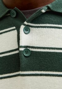 Zaļš un krēmkrāsas svītrains adīts polo krekls ar apkakli, kurā ir tumši zaļi pogas un maiga tekstūra. Tuva skata attēls ar detaļām.