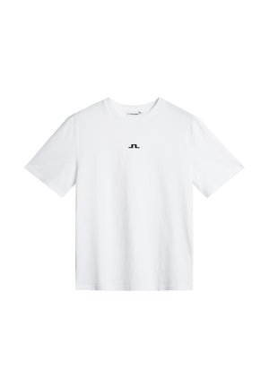 Camiseta blanca de algodón de manga corta y cuello redondo. Presenta un pequeño logotipo negro centrado en el pecho. Textura suave.