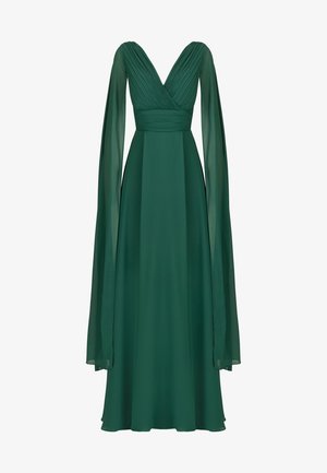 Długa, zwiewna wieczorowa suknia w głębokim zielonym kolorze z szyfonu. Posiada dekolt w kształcie V z plisowanym korpusem oraz długimi przezroczystymi rękawami. Gładka, płynąca spódnica.