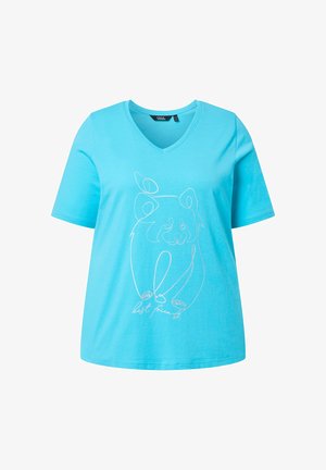 Camiseta de cuello en V turquesa con mangas cortas que presenta un dibujo en línea blanca de un panda rojo y el texto "mejor amigo" en el frente.