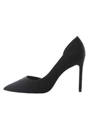 Black high-heeled pump made of smooth material, featuring a pointed toe, open sides, and stiletto heel. Minimalist design and sleek silhouette.