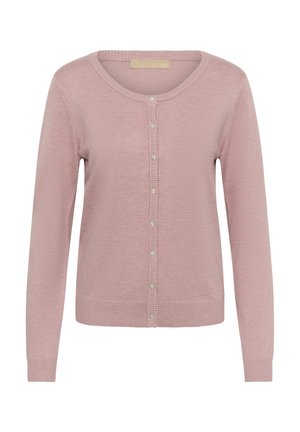 Lichtroze vest van zachte stof, met een ronde hals, lange mouwen en een knoopsluiting aan de voorkant met parelmoerknopen.