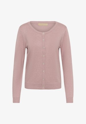 Svetloružový sveter zo softovej látky, s okrúhlym výstrihom, dlhými rukávmi a zapínaním na gombíky pripomínajúce perly.